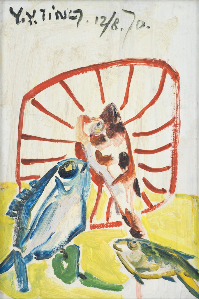 丁衍鏞_三魚青椒_1970_油彩、木板_45.5x30.2cm (含框：58.5x43.2)_香港中文大學文物館藏_三不亦堂惠贈_藏品編號:1997.0208